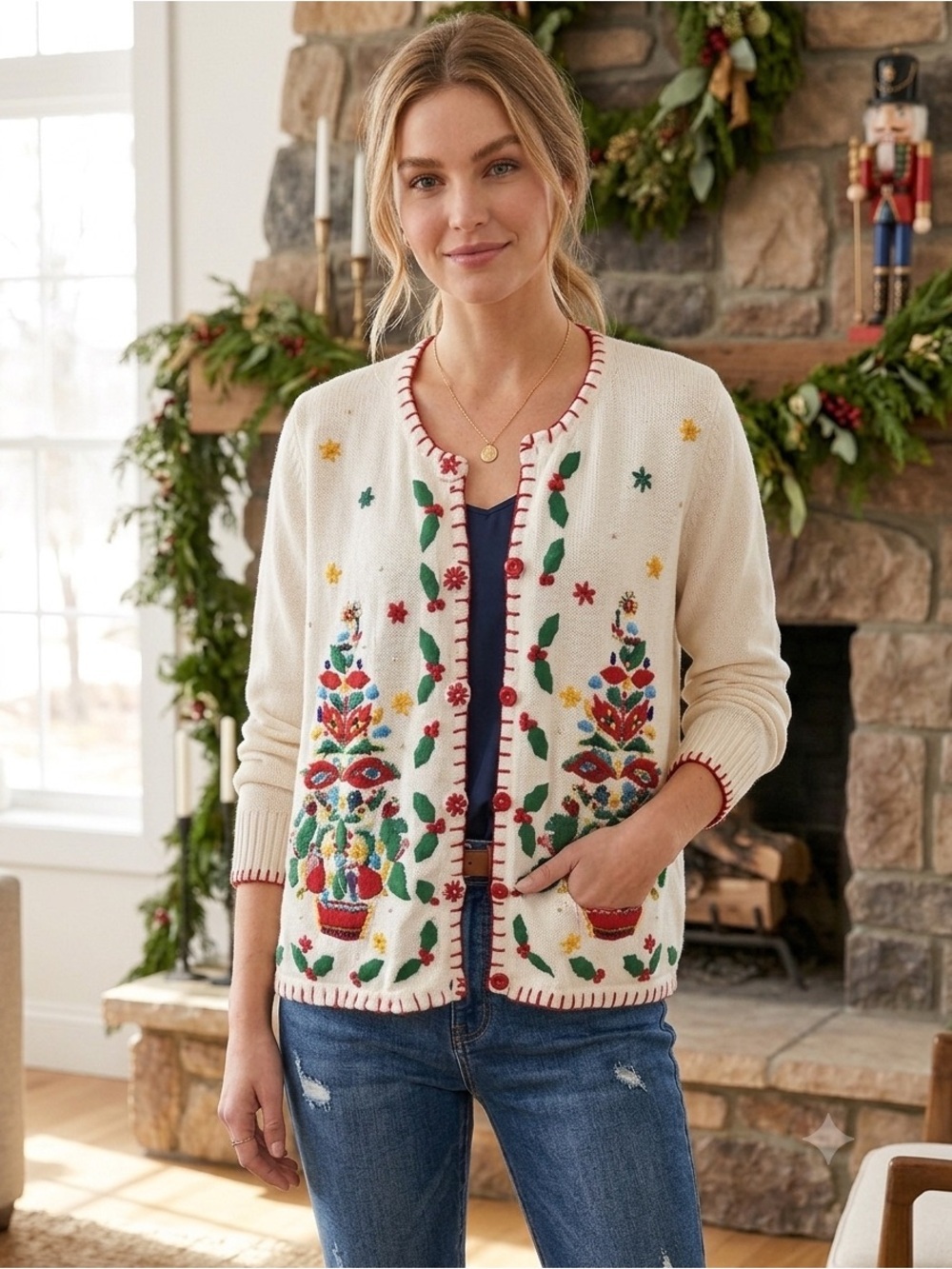 VTG Lisa International Beaded Embroidered Christmas Tree Holly Cardigan Large.